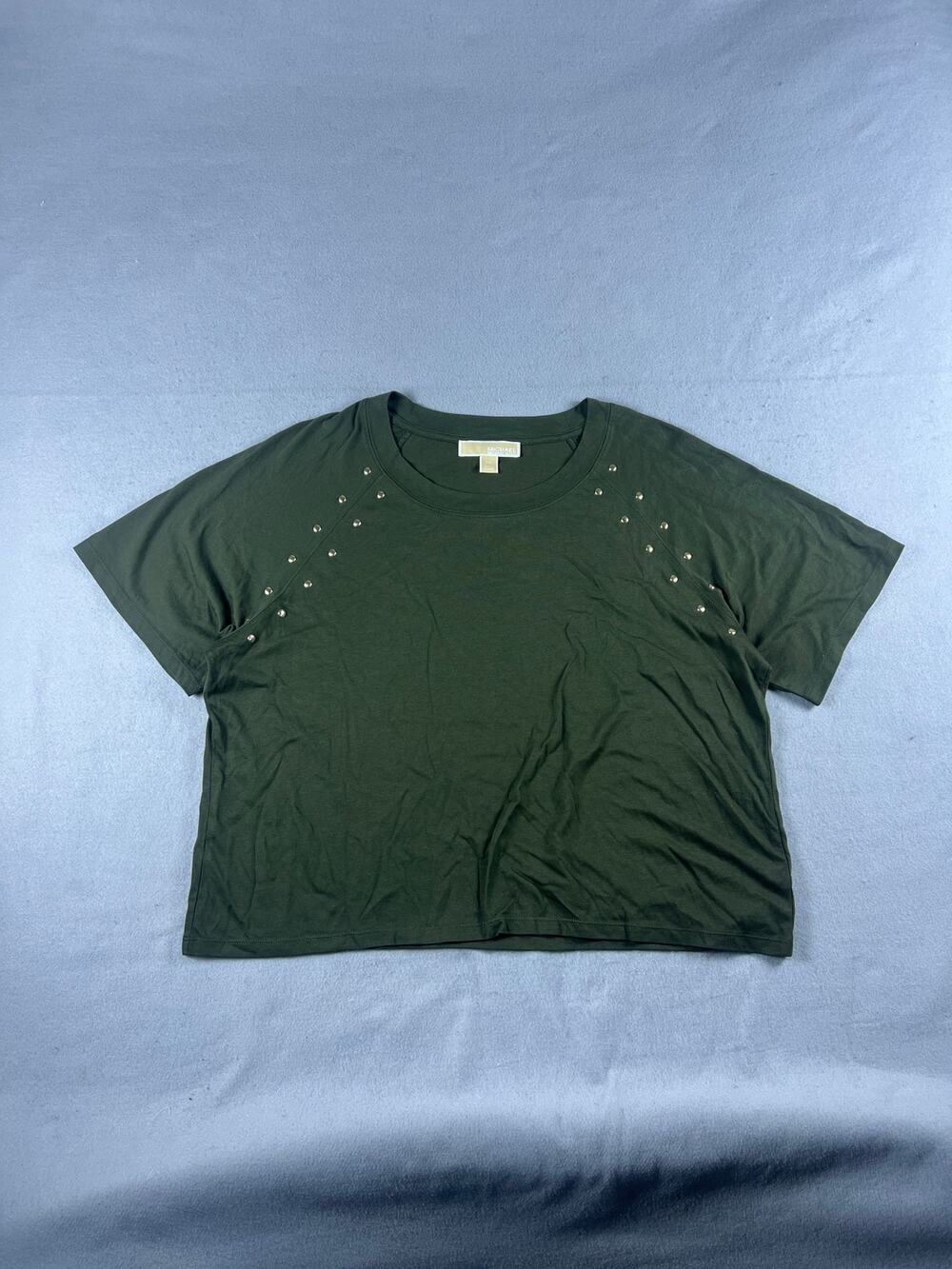 Michael Kors Top Womens L Green Raglan Sleeve Crew Neck Studded Shoulder Tee